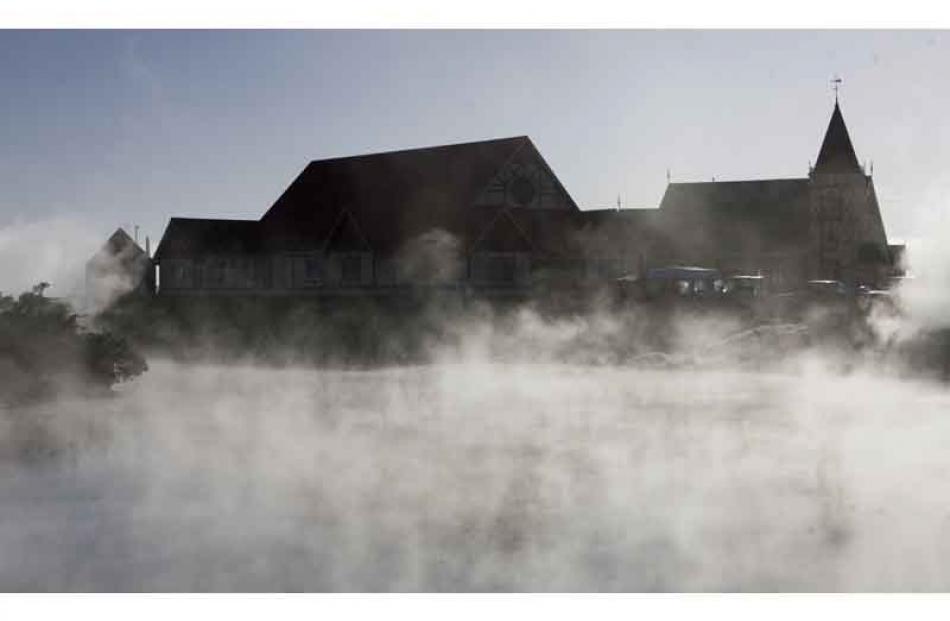 Te Papaiouru Marae surrounded by ground fog as mourners prepare for the tangi.