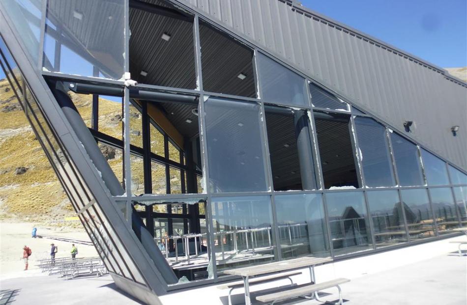 Some of the shattered windows of the Remarkables Ski Area’s new base building. Photo by Gerrard...