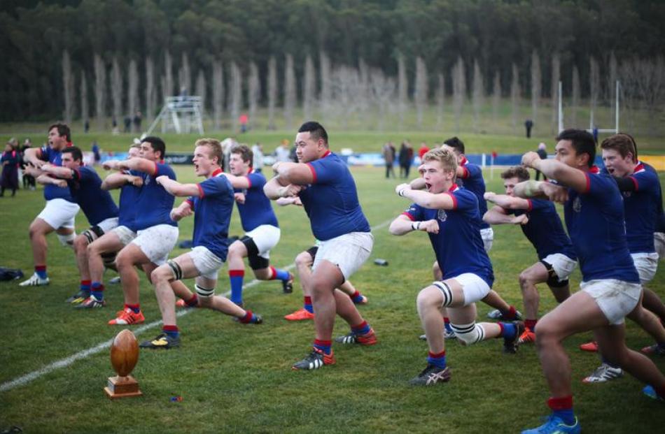 St Kevin's College players do the haka before the annual First XV rugby match against Waitaki...