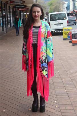 Stephanie, photographed in George St, wears a Discount Universe kimono, Black Milk skirt, Forever...