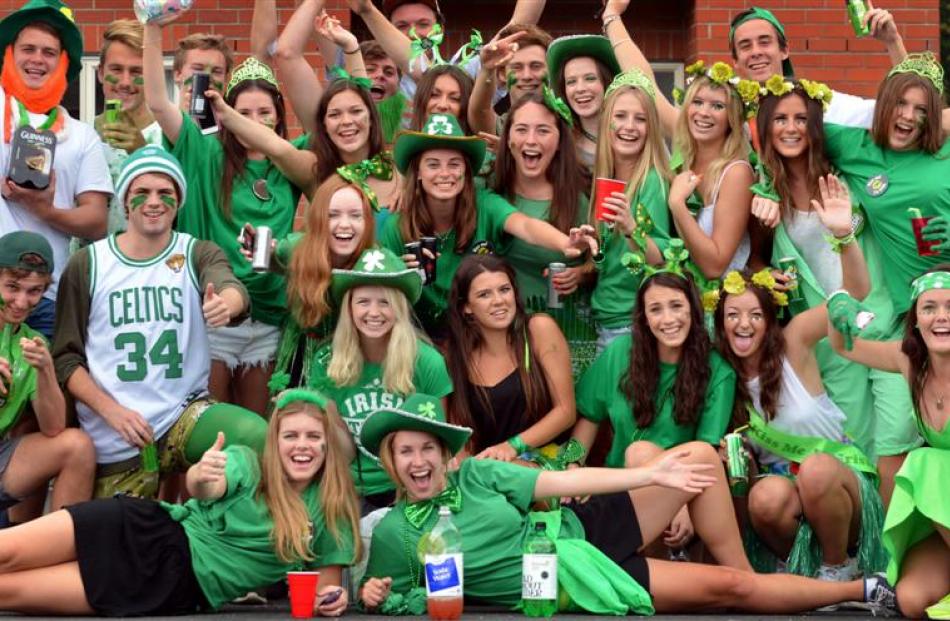 Students get into the spirit of St Patrick's Day on Castle St, Dunedin.