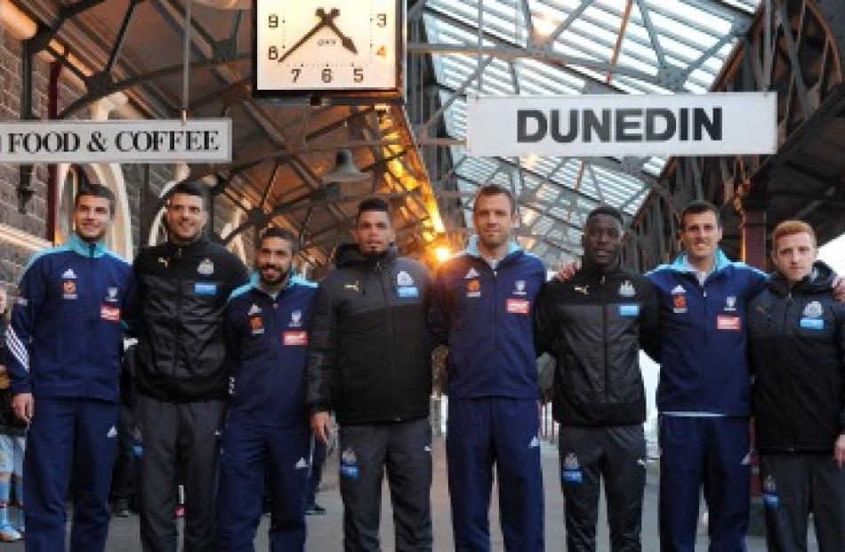 Sydney FC and Newcastle United players (from left) Terry Antonis (Sydney), Haris Vuckic ...