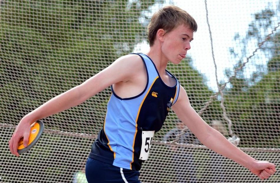 Taieri College athlete Hamish Mears prepares to hurl the discus during the Otago secondary...