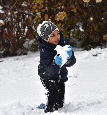 Amir Atkinson (5), of Picton, plays with snow near Taieri Rd at Halfway Bush. Photo by Gregor...