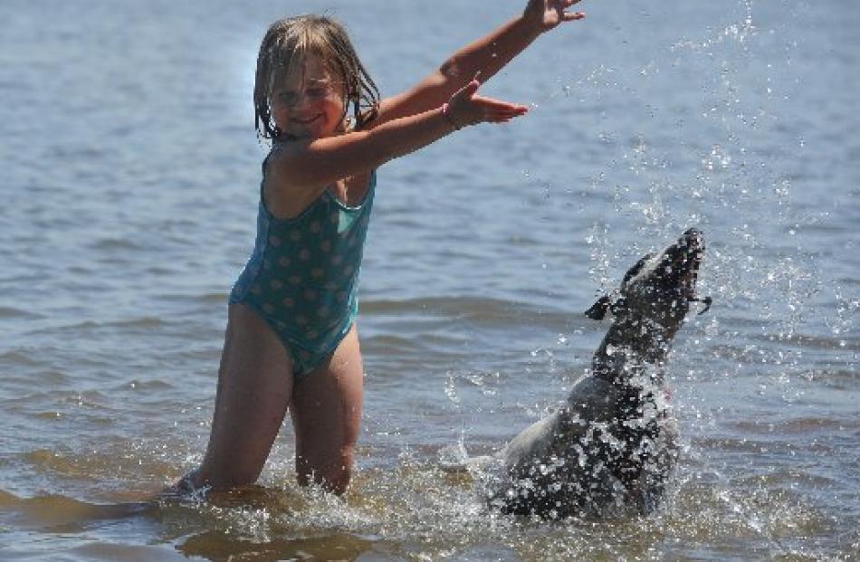 Taking a dip in Lake Waihola are Shakira MacDonald (5) and Game, of Christchurch. Photos by Craig...