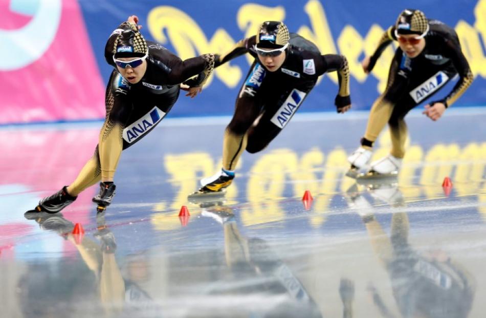 Team Japan competes in the women's team sprint event at the Essent ISU speed skating World Cup in...