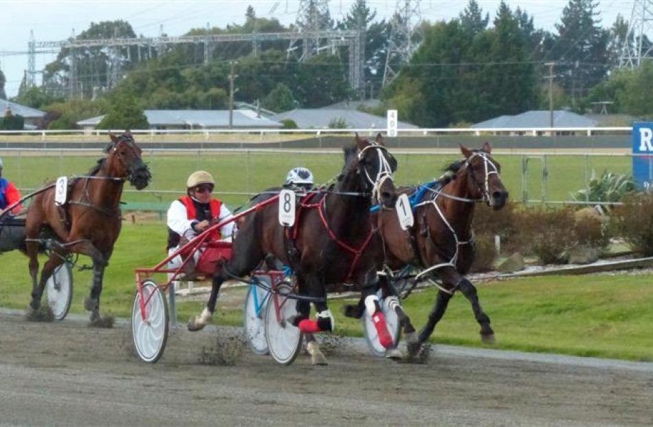 Terror To Love (8, driven by Ricky May) paces past Arden Rooney in the group 3 Northern Southland...