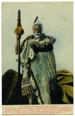 The ‘‘old Maori’’ depicted in this card is Hori Kerei Taiaroa, Paramount Chief of Ngai Tahu.