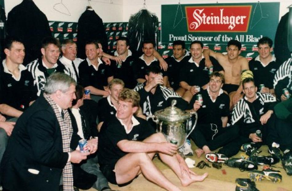 The All Blacks celebrate in the dressing room after winning the Bledisloe Cup.