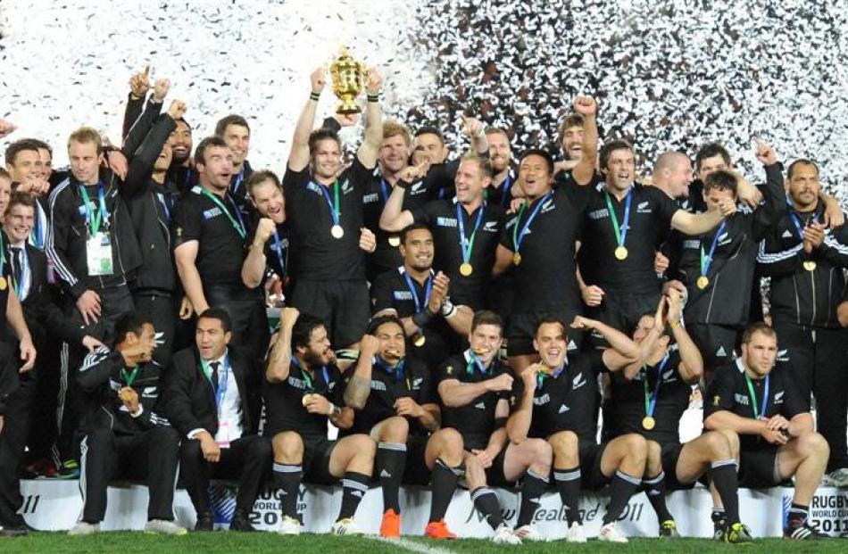 The All Blacks rejoice after beating France 8-7 in the Rugby World Cup final at Eden Park last...
