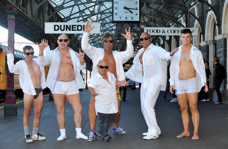The Beefcake Boys (from left) B-Train, Mikey, Aaron, AJ, Spencer and Jimmy (front) ham it up at...
