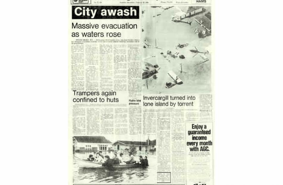 Saturday January 28, 1984 front page of the Otago Daily Times, with story of flooding in...