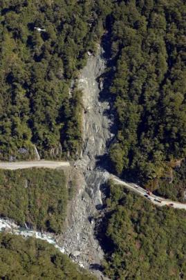 The Haast Pass at Diana Falls a few days after the huge slip in September 2013. The slip stopped...