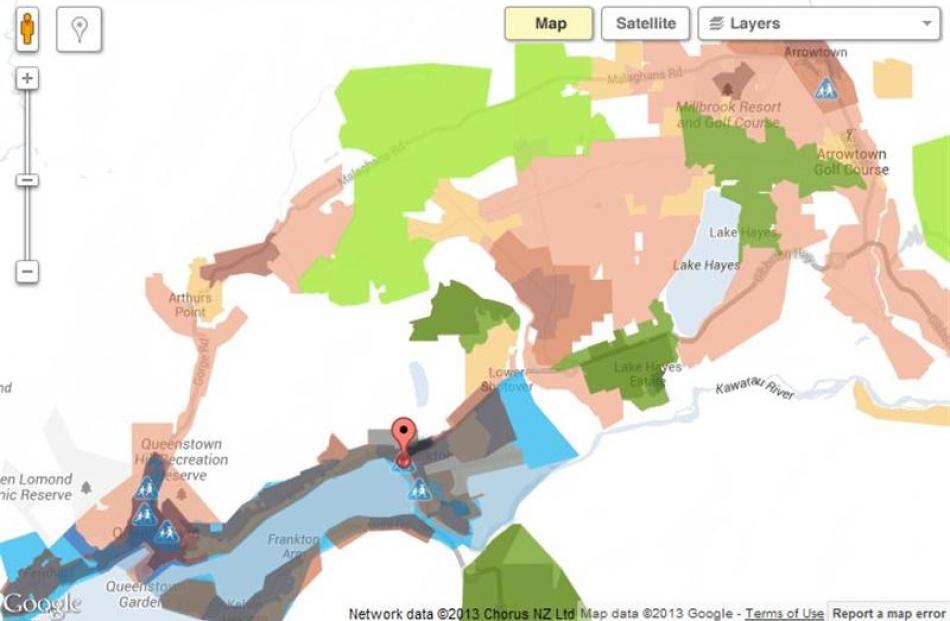 The latest map of ultrafast broadband deployment  in Queenstown shows UFB-available zones in dark...