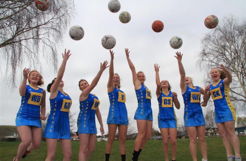 The Lawrence Area School netball team of (from left) Autumn Forbes, year 12, Eloise McLaughlin,...