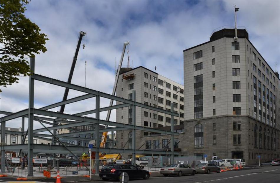 The new steel framework of the Distinction Dunedin Hotel car-parking building in Crawford St,...