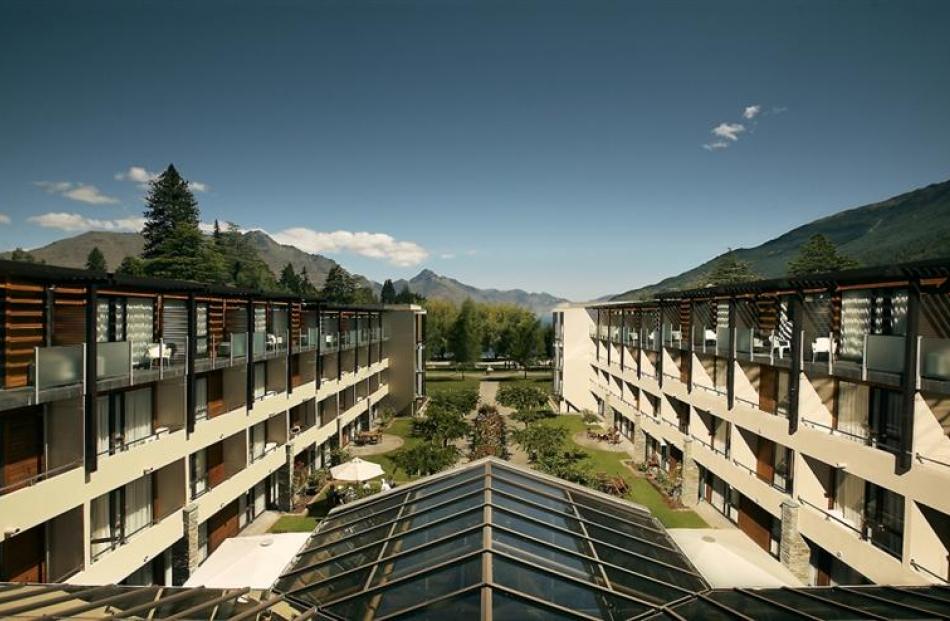The new view from the Novotel Queenstown Lakeside hotel, over its courtyard towards Lake Wakatipu.