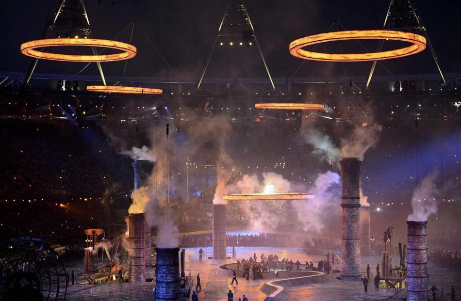 The Olympic rings are lowered into place during the opening ceremony of the London 2012 Olympic...