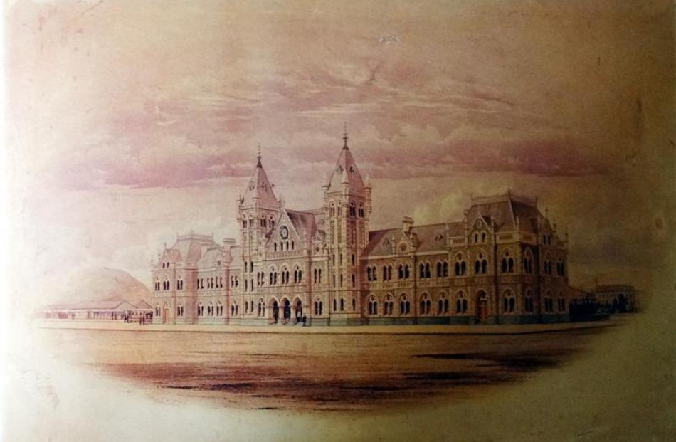 The original Dunedin Railway Station design from John Campbell in a Hocken Collections painting...