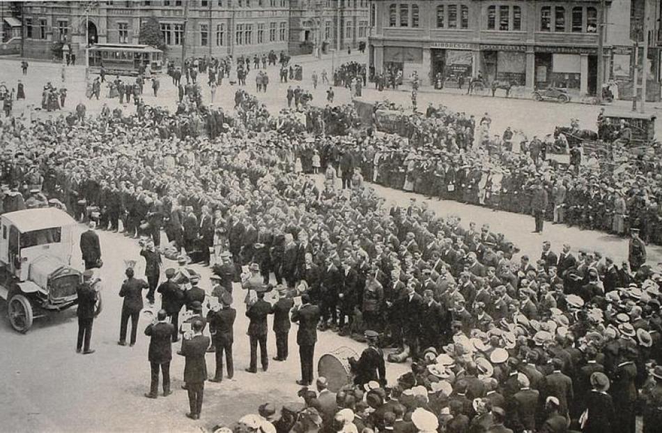 The Otago and Southland members of the 23rd Reinforcements line up in front of Dunedin Railway...