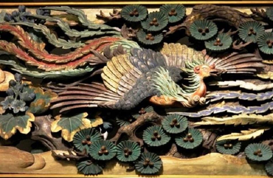 The phoenix detail in one of four restored ramma panels from the Japanese pavilion at Chicago's...