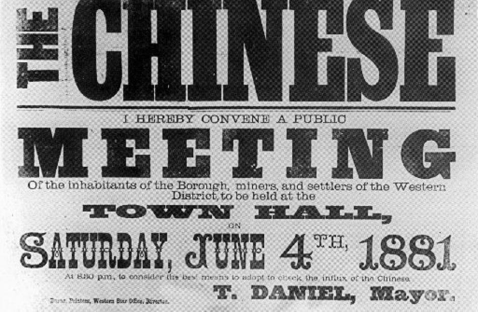 The poster advertising a public meeting aimed at stopping the influx of Chinese to Western...