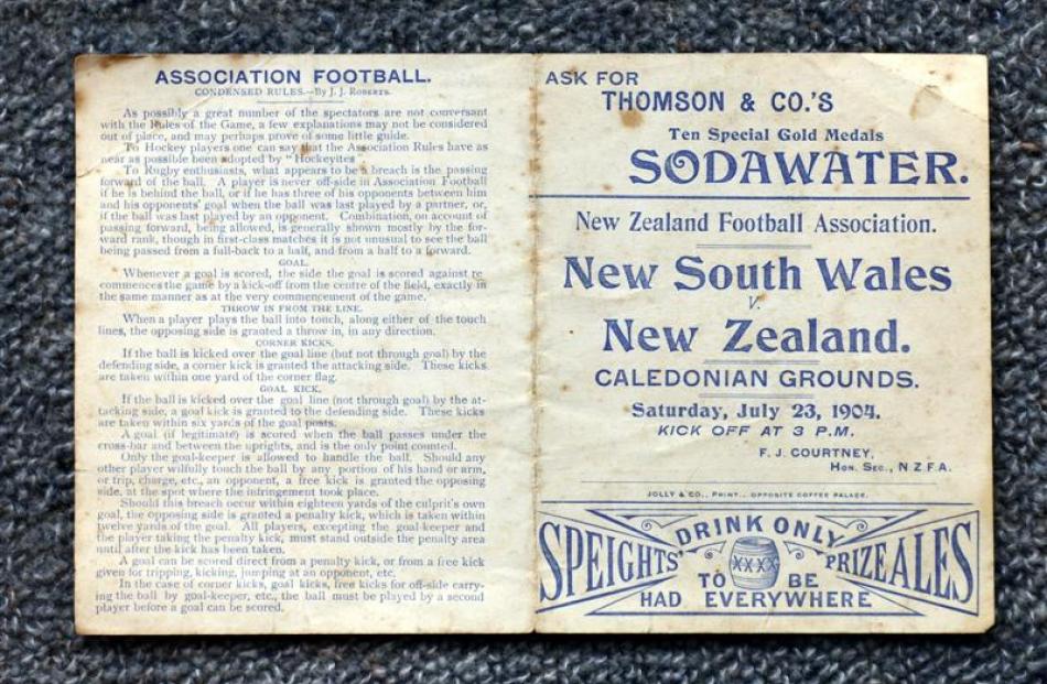 The programme for New Zealand's 1904 game against New South Wales at the Caledonian Grounds in...