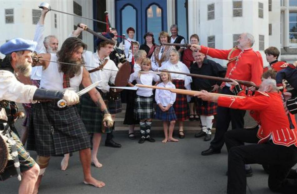 The Redcoats take on the Jacobites at Otago Boys' High School yesterday during a rehearsal of...