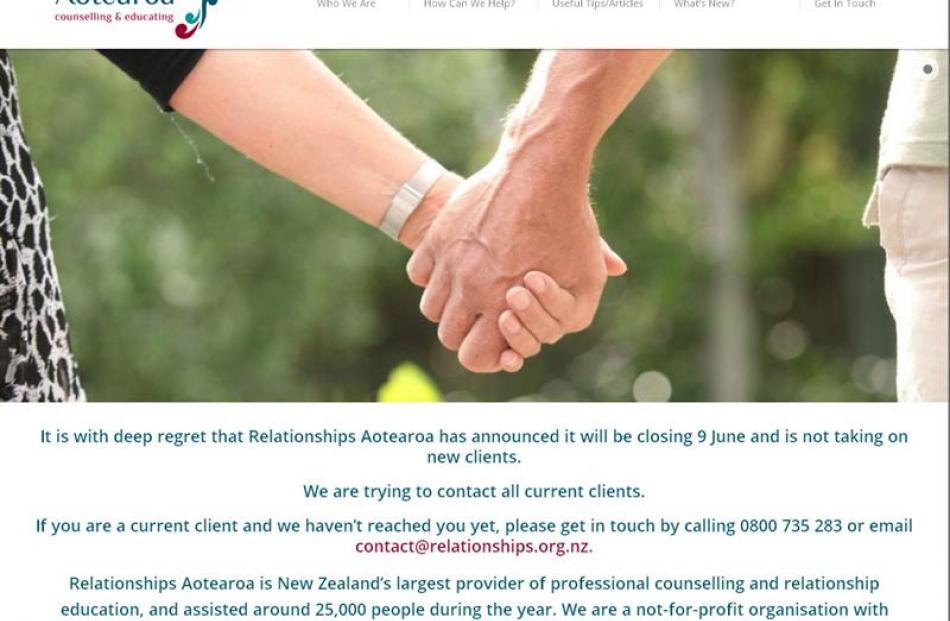 The Relationships Aotearoa website home page yesterday announces its closure.