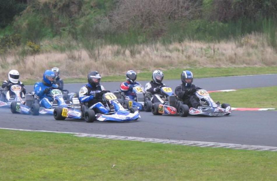 The rotax 125cc heavy class final race at Silverstream Raceway on Sunday. Photos by Bruce Quirey.