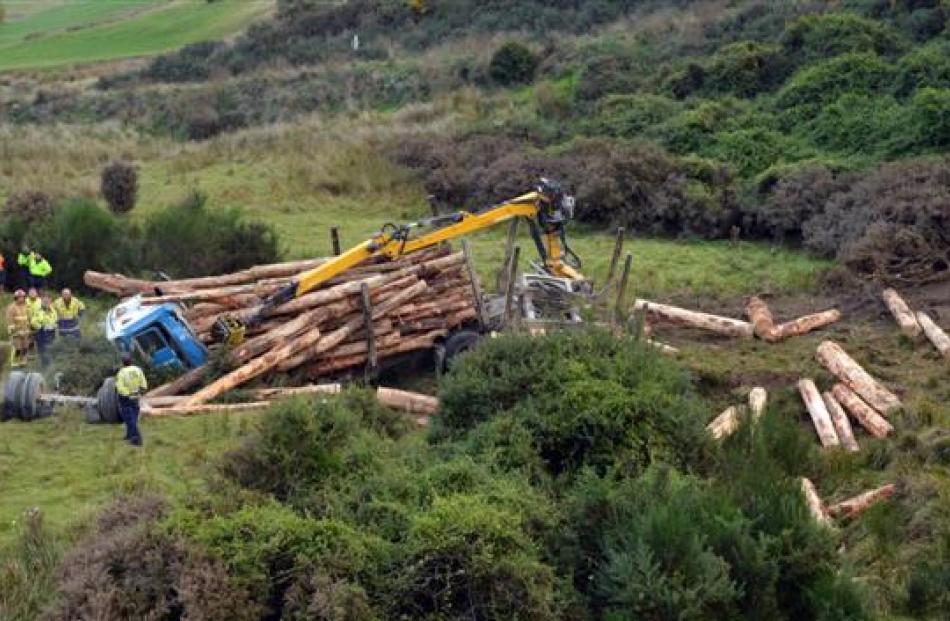 The scene of a truck crash near Waimate in which a man suffered suspected spinal injuries and was...