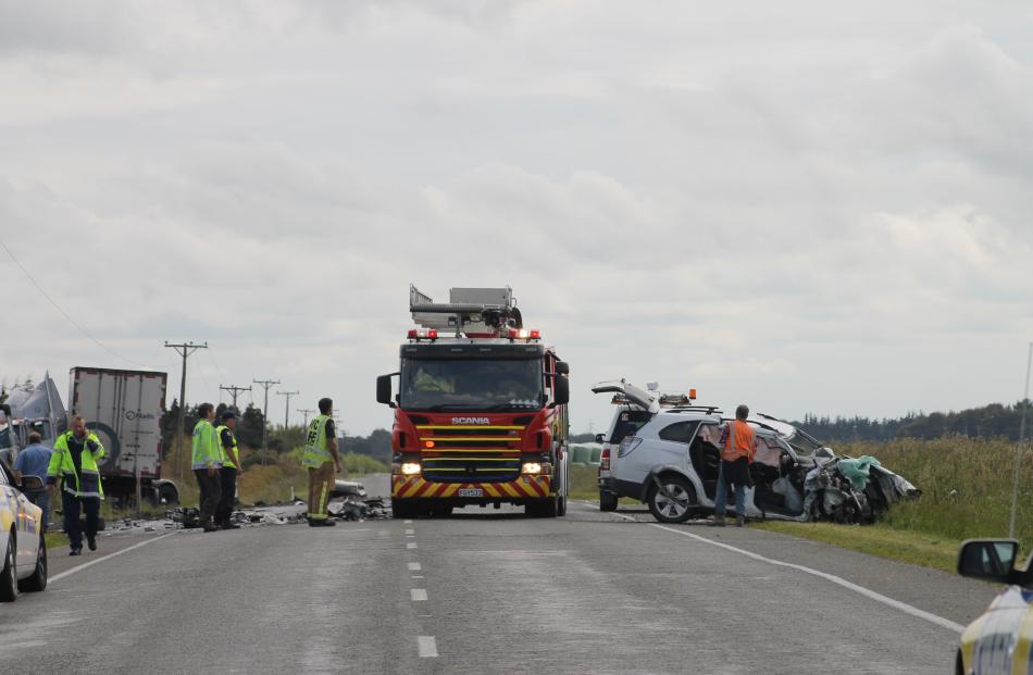 The scene of the crash on State Highway One about 15km east of Invercargill. Photo by Allison...