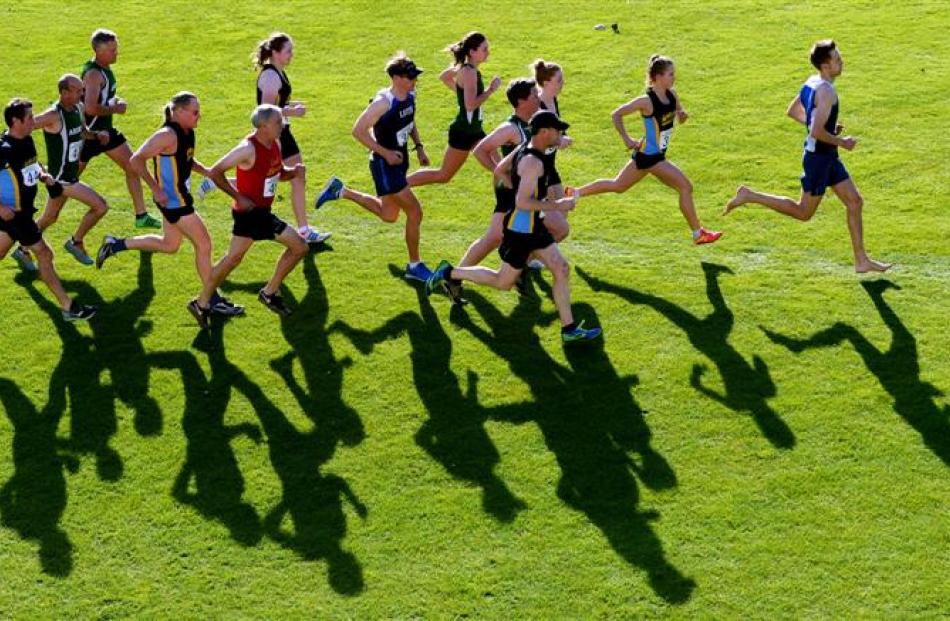 The senior women's and masters men's fields leave the start line in the 78th annual Lovelock...