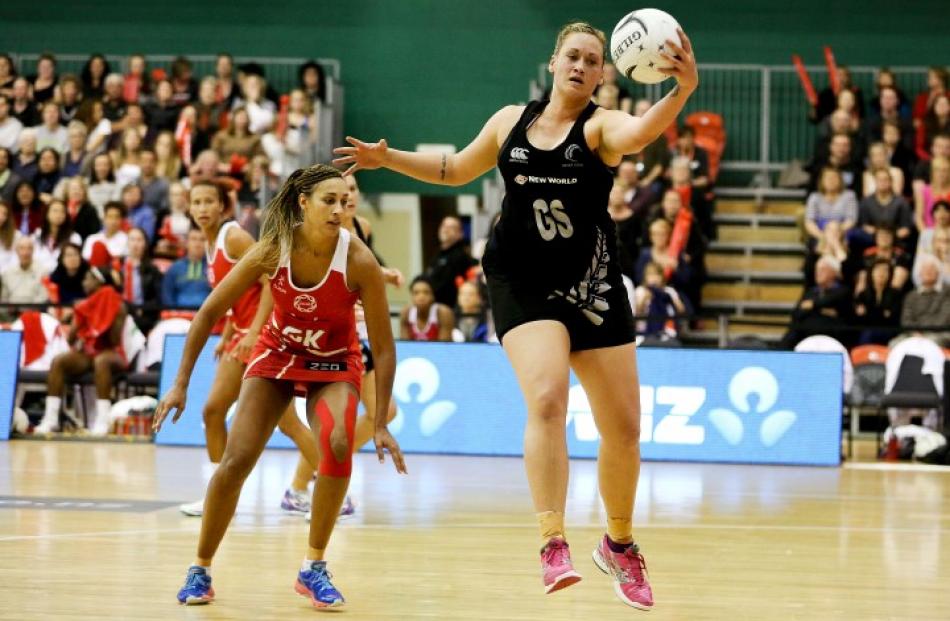 The Silver Ferns' Cathrine Latu receives a pass during game two against England at Arena Manawatu...