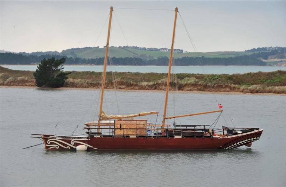 The waka  Haunui  moored at Karitane yesterday. Photo by Gregor Richardson.