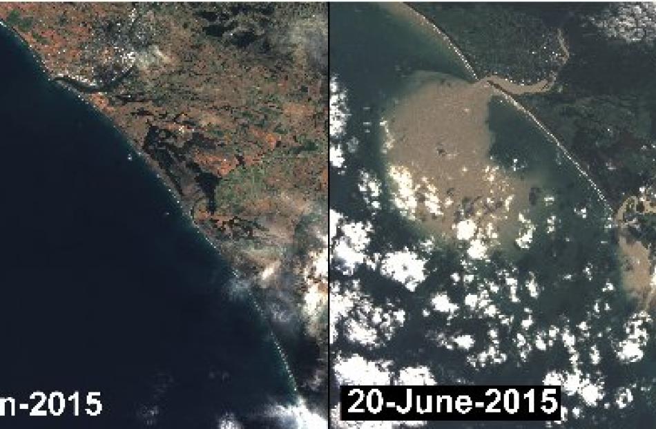These images show Wanganui this summer (left) and the scale of the flood damage last week. Photo:...