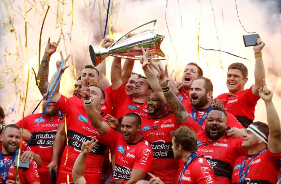 Toulon players celebrate their victory in the European Rugby Champions Cup final. Photo Reuters