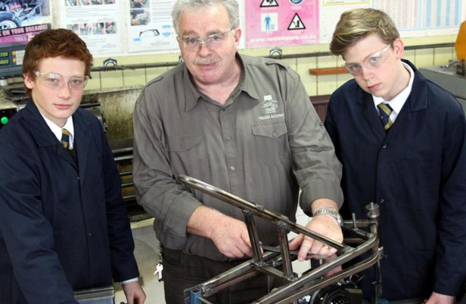 Trades Academy director Graeme Watson with  Caleb Johnson (left) and Thomas Trotter (both 17)....