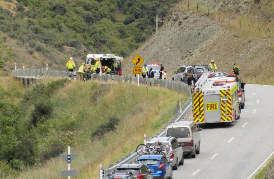 Traffic came to a standstill at the scene of a crash on the Crown Range this afternoon. Photo by...