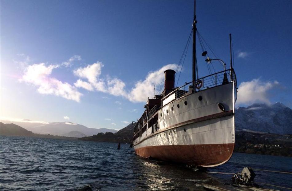 TSS Earnslaw is lowered into the Frankton Arm yesterday. Photo supplied.