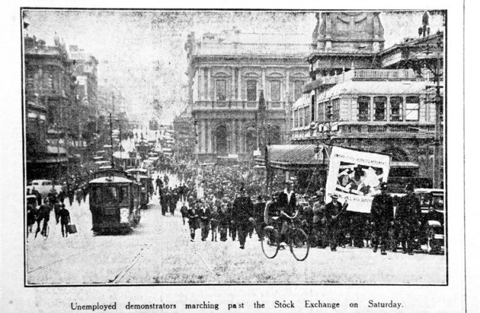 Unemployed march through the Exchange in March 1932.