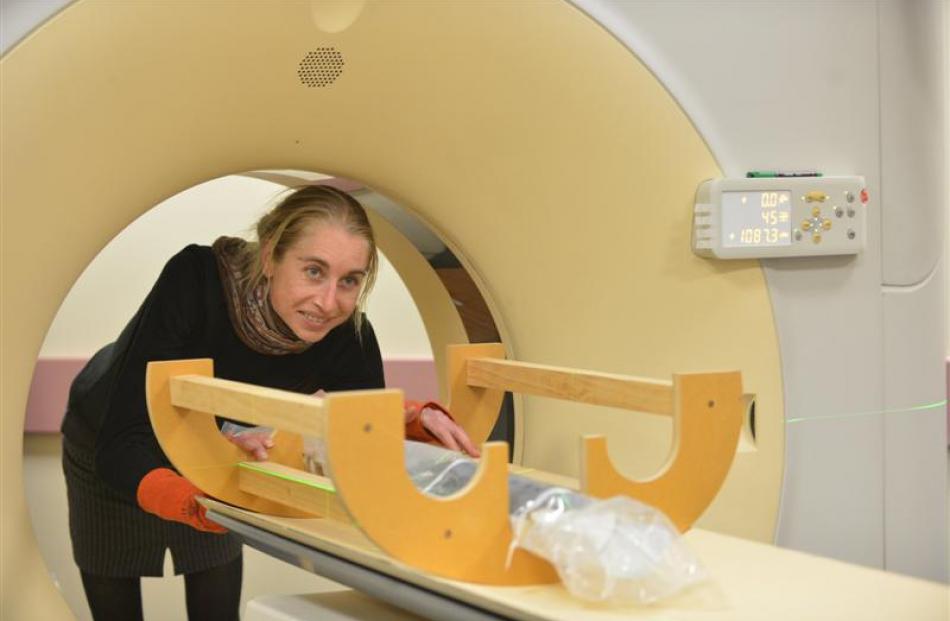 University of Otago geologist Dr Virginia Toy feeds Southern Alps rock core into a CT scanner at...