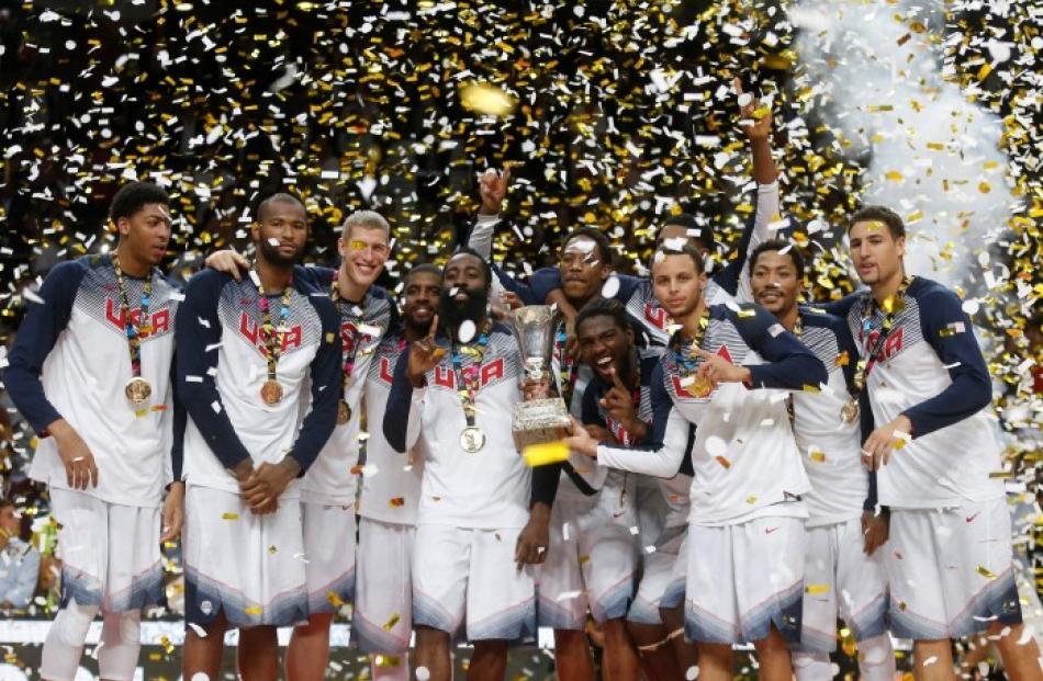 US players celebrate their victory over Serbia after their Basketball World Cup final game in...