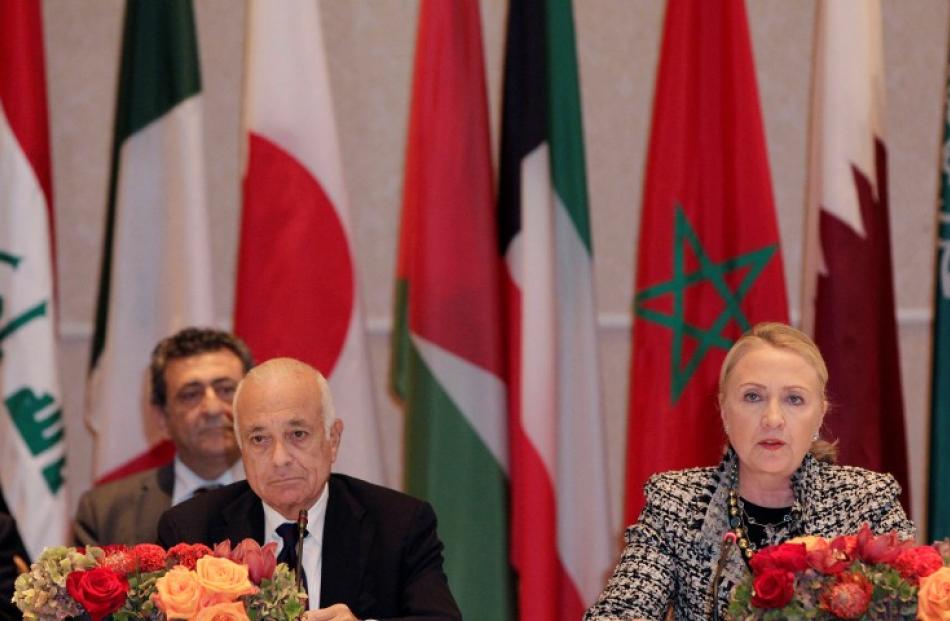 US Secretary of State Hillary Clinton speaks during the Friends of Syrian People Ministerial as...