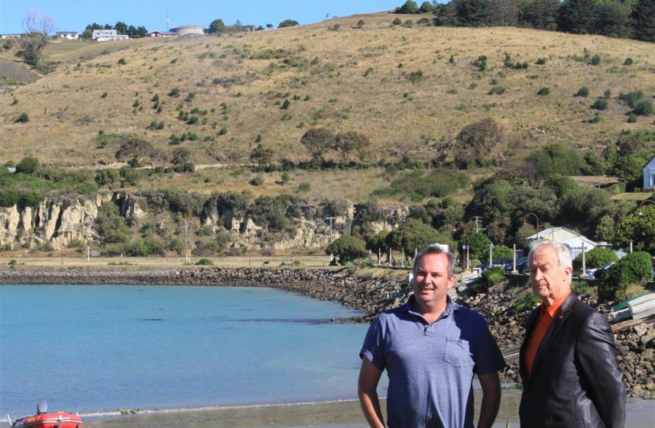 Venture Waitaki board members Simon Berry (left) and Alan McLay want to see the land behind them,...