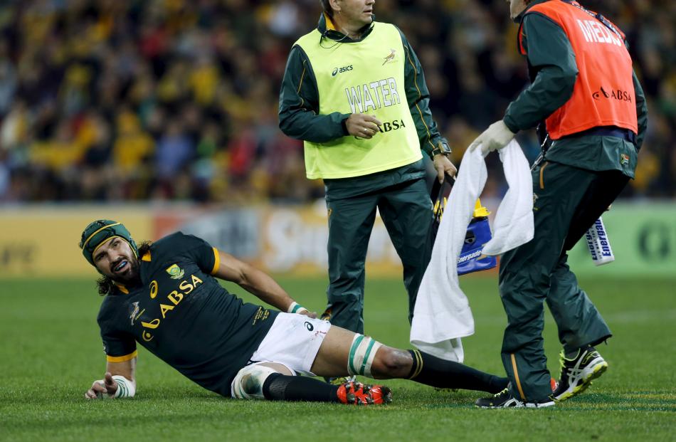 Victor Matfield after picking up an injury against the Wallabies last weekend. Photo by Reuters.