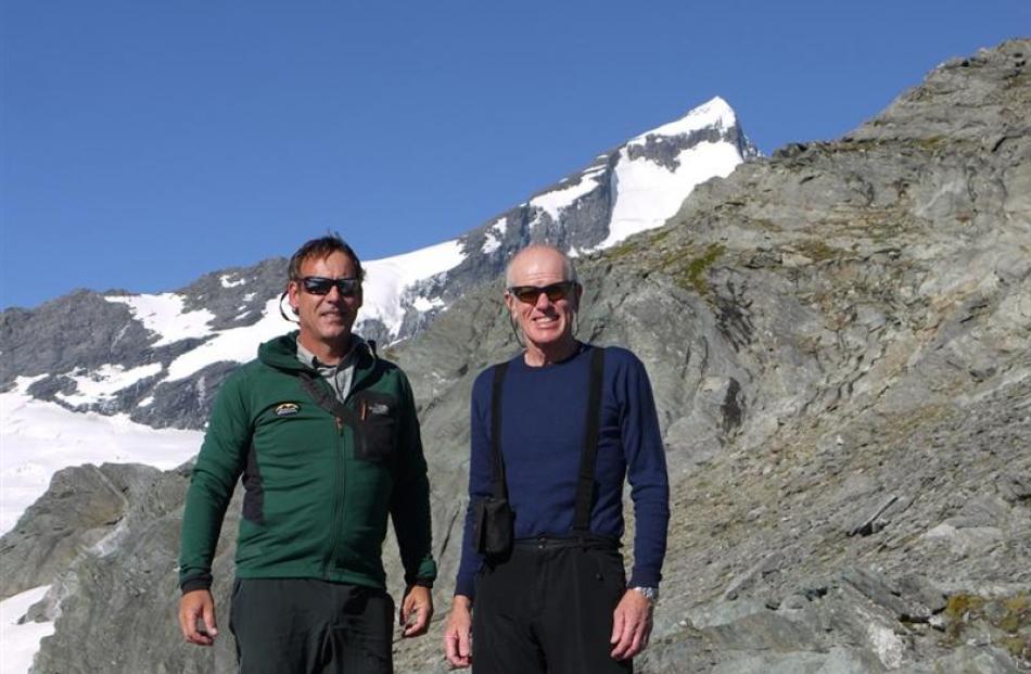 Wanaka climbing guide Guy Cotter (left) with Sir Edmund Hillary's son, Peter, of Auckland, this...