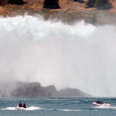 Water pours from the spillway of the Benmore dam at the head of the Waitaki Valley yesterday,...