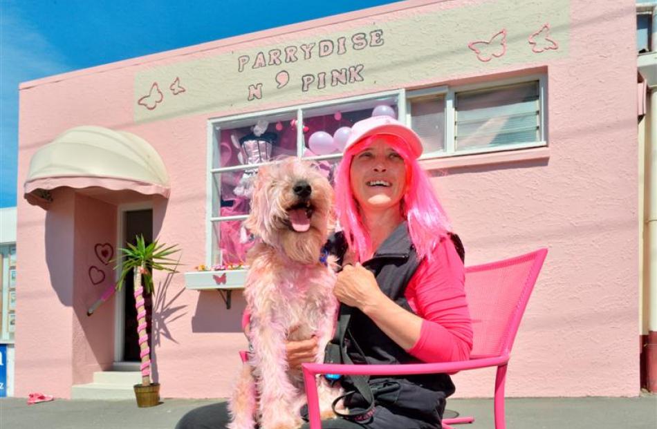 Wendy Rackley and Oi add  colour at Waikouaiti business Parrydise 'n Pink yesterday.