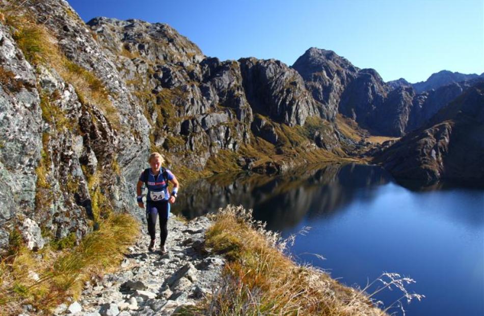 Whitney Dagg, of Dunedin, traverses the Harris Saddle during the annual Routeburn Classic on...